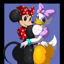 alternate_body_type alternate_breast_size anthro ass ass_grab big_ass big_breasts big_butt bird blue_background blue_ribbon bottom_heavy breast_docking breasts bubble_butt clothing daisy_duck disney duck fat_ass females females_only hand_on_ass large_ass large_breasts looking_at_viewer minnie_mouse mouse red_ribbon soft_feathers suirano tail thick_ass thick_thighs white_skin wide_hips