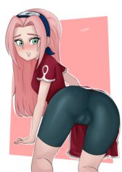 1girls ass bent_over bike_shorts blush cameltoe clothing cute dress female female_only fufan green_eyes headband looking_at_viewer naruto naruto_(classic) naruto_(series) pink_hair pose posing pussy sakura_haruno short_shorts solo solo_female solo_focus vagina