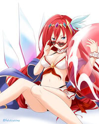 adjusting_eyewear adjusting_glasses alexiel bikini blue_eyes breasts cleavage female female_focus flustered granblue_fantasy hair_ornament long_hair looking_over_eyewear looking_over_glasses navel red-tinted_eyewear red_hair solo sunglasses swimwear tagme tinted_eyewear very_long_hair