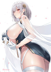 1girls azur_lane breast_curtains breasts cuboon female female_only gloves grey_hair huge_breasts large_breasts light-skinned_female light_skin looking_at_viewer red_eyes royal_navy_(azur_lane) sideboob sirius_(azur_lane) solo white_background white_gloves white_hair