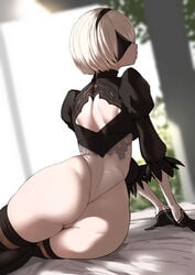 1girls ass ass_focus back_cutout big_ass big_butt black_blindfold black_dress black_hair_ornament black_hairband blindfold covered_eyes dat_ass dress feather-trimmed_sleeves feather_trim female gloves hairband highleg highleg_leotard juliet_sleeves leotard long_sleeves miyamoto_issa nier:_automata nier_(series) puffy_sleeves short_hair sitting solo solo_female surprised thighhighs_under_boots white_hair white_leotard yorha_2b