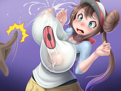 1boy 1girls areolae big_breasts blue_eyes blush bouncing_breasts breast_milk brown_hair dark-skinned_male dark_skin double_bun female hat huge_breasts human lactation lactation_without_expressing large_breasts long_hair mokkosss nintendo nipples_visible_through_clothing pale-skinned_female pale_skin pokemon pokemon_bw2 rosa_(pokemon) suzumiya11 trying_not_to_lactate twintails wide_hips