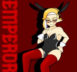 artist_name black_clothing blonde_hair bottomless bulge bunny_ears bunnysuit character_name clothing_bulge cuffs_(clothing) earring emperor_(splatoon) hand_on_chest hand_on_hip inkling latex looking_at_viewer male male_only one-piece one-piece_suit pale-skinned_male pale_skin pseudo_hair red_pupils red_stockings signature slutoon_ smug solo source_request splatoon splatoon_(manga) stockings tentacle_hair tentacles topwear white_sclera yellow_eyes yellow_hair