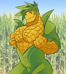 abs big_nipples big_pecs corn daddy food_creature green_buttons green_eyes green_shirt large_pecs loulouvz male male_only muscle muscles muscular muscular_male nipples pecs showing_off showing_pecs solo starch vegetable_humanoid