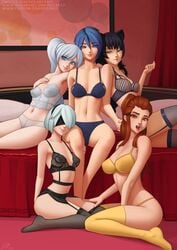 2d 5girls alternate_version_available aqua_(kingdom_hearts) artist_signature big_breasts black_hair black_lingerie blake_belladonna blue_eyes blue_hair blue_lingerie bra breast_size_difference breasts brigitte brown_eyes brown_hair bustier cat_ears cleavage closed_mouth crossover deilan12 detailed_background disney eastern_and_western_character eyebrows_visible_through_hair eyes_visible_through_hair female female_focus female_only garter_belt garter_straps kingdom_hearts large_breasts lingerie looking_at_viewer medium_breasts multiple_girls navel nier nier:_automata nier_(series) no_shoes open_mouth overwatch panties ponytail rooster_teeth rwby skinny square_enix stockings thighhighs thong weiss_schnee white_hair white_lingerie yellow_eyes yellow_lingerie yorha_2b