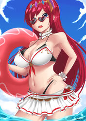 1girls alexiel bangs beach bikini breasts cleavage eyebrows_visible_through_hair female female_focus female_only granblue_fantasy hair_between_eyes heart-shaped_eyewear highres long_hair mouth_open ocean red-tinted_eyewear red_hair solo sunglasses swimsuit tagme tinted_eyewear very_long_hair white_bikini white_bra