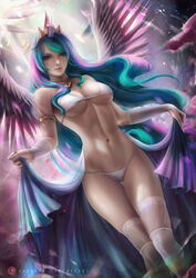 alicorn axsens big_breasts bikini breasts cleavage clothed clothing dress_lift hasbro humanized looking_at_viewer magenta_eyes midriff multicolored_hair my_little_pony princess_celestia_(mlp) smooth_skin tira wings