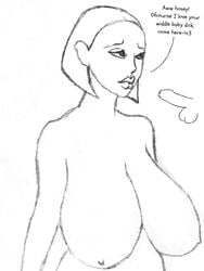 1boy 1girls anonsmall big_breasts big_lips english_text female femdom huge_breasts large_breasts line_art milf milk monochrome penis self_upload small_penis small_penis_adoration solo_focus text