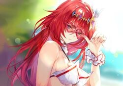 adjusting_eyewear adjusting_glasses alexiel artist_request bangs bare_shoulders beach bikini blue_eyes breasts cleavage female granblue_fantasy hair_between_eyes hair_ornament heart-shaped_eyewear long_hair looking_at_viewer outdoors red-tinted_eyewear sideboob sunglasses tagme tinted_eyewear very_long_hair white_bikini