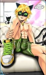 1boy adrien_agreste blonde_hair bulge cat_ears cat_noir dialogue gay green_eyes kwami light_skin lucifer_seraphim male male_only miraculous_ladybug plagg shirtless shorts sneakers solo speech_bubble