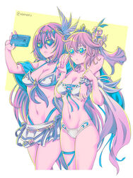 2girls alexiel bangs bare_shoulders bikini breasts brown_hair cleavage europa_(granblue_fantasy) female female_focus female_only green-tinted_eyewear hair_between_eyes hair_ornament heart-shaped_eyewear long_hair navel red_hair selfie short_hair sunglasses swimwear tagme thighs tinted_eyewear white_bikini