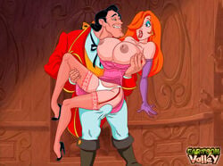 1boy 1girls beauty_and_the_beast breast_grab breasts carrying cartoonvalley.com crossover disney disney_villains dress_pull erected_nipples erection_under_clothes gaston gloves high_heels jessica_rabbit nipples panties_removed partially_nude restrained stockings who_framed_roger_rabbit