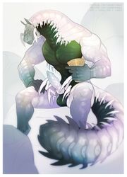 2020 5_fingers anthro balls border claws digital_media_(artwork) dragon erection fingers genitals hi_res knot male male_only monster multi_eye muscular muscular_male nude pecs penis scalie simple_background solo somanyfangs white_background white_body white_border