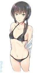 1girls arms_behind_back bangs bare_shoulders belly_button bikini black_bikini black_hair blunt_bangs collarbone cowboy_shot eyebrows eyebrows_visible_through_hair female female_focus female_only green_eyes groin hair_tie hishiro_chizuru kanden_suki long_hair looking_at_viewer navel relife sidelocks simple_background solo swimsuit thighs twintails twitter_username undressing white_background