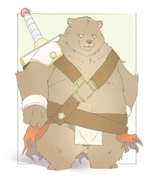 2020 anthro balls belly brown_body brown_fur clothing fur genitals humanoid_hands inunoshippo kemono loincloth male male_only mammal melee_weapon overweight overweight_male simple_background solo sword ursid weapon