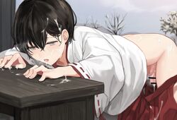 1boy after_sex bar_censor black_hair censored commentary_request crossdressing cum cum_in_mouth cum_on_body cum_on_clothes cum_on_hair cum_on_lower_body cum_on_penis cum_on_upper_body facial femboy geki grey_eyes hakama japanese_clothes leaning_on_object male_only miko original outdoors shrine_maiden sunaba_(nczd5875) trap tree