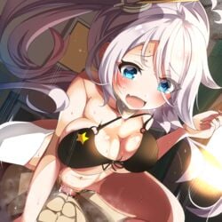 1boy :d absurdres azur_lane bangs bare_shoulders blush breasts cleavage collarbone commentary_request cowboy_shot cowgirl_position eyebrows_visible_through_hair female groin hair_between_eyes highres looking_at_another navel open_mouth portland_(azur_lane) sex sidelocks smile solo_focus stomach straddling takashia_(akimototakashia)