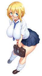 ass bare_legs blonde blonde_hair blue_skirt breasts choker cleavage curvy eyewear female female_only full_body glasses hair_between_eyes highres huge_ass huge_breasts lilith-soft looking_at_viewer miniskirt no_eyewear pleated_skirt potion_(moudamepo) school_uniform shinohara_mari shiny shiny_skin short_hair simple_background skirt smile solo solo_female taimanin_(series) taimanin_asagi taimanin_rpgx thick_thighs thighs white_background