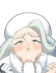 1boy 1girls :>= ahegao blue_eyes blush cum cum_in_nose earrings eyelashes fellatio female gloves hat human lips long_hair looking_pleasured male mature_female melony_(pokemon) milf mother nanishimeji nintendo pale-skinned_female pale_skin pleasure_face pokemon pokemon_ss sucking thick_lips wedding_ring white_background white_hair