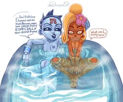 2girls abs anthro black_lips blue_nipples blue_skin breasts buckteeth coco_bandicoot crash_(series) cybernetics dialogue freckles hair_flower hand_on_head hands_together hot_tub multiple_girls nina_cortex nude_female pool_float reflection short_hair showdownas yuri