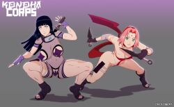 2girls alternate_version_available battle_maidens crisisbeat dark_hair female female_only fishnet_bodysuit grey_background hyuuga_hinata kunai kunoichi multiple_girls naruto naruto_(series) naruto_shippuden ninja pink_hair sakura_haruno scarf