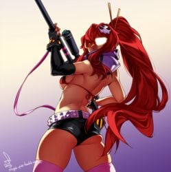 1girls ass bangs bare_shoulders belt bikini breast feguimel female female_focus female_only gloves gun hair_between_eyes hair_ornament long_hair looking_at_viewer looking_back orange-tinted_eyewear red_hair short_shorts shorts sunglasses tagme tengen_toppa_gurren_lagann thick_ass thick_thighs thighs tinted_eyewear visor weapon yoko_littner