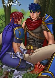 anal_fingering costume fingering fire_emblem fire_emblem:_path_of_radiance fire_emblem:_radiant_dawn fire_emblem:_the_binding_blade gay ike_(fire_emblem) male_only masturbation mephisto_(artist) muscles muscular nintendo pants penis roy_(fire_emblem) yaoi