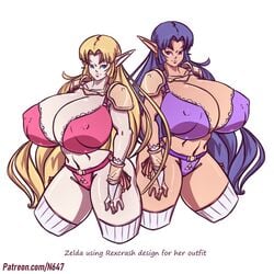 2019 2girls alternate_breast_size amazon big_breasts blue_eyes breasts cleavage color female female_only huge_breasts lingerie looking_at_viewer multiple_girls n647 nintendo nipple_bulge princess_hilda princess_zelda request text the_legend_of_zelda thick_thighs thin_waist underwear voluptuous wide_hips zelda_(a_link_between_worlds)