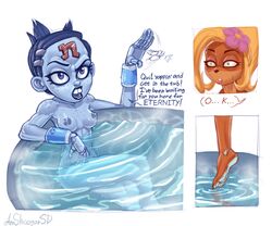 anthro black_lipstick blue_nipples blue_skin breasts buckteeth coco_bandicoot crash_(series) cybernetics dialogue freckles hair_flower hand_gesture hot_tub legs_crossed nina_cortex nude_female pool_float short_hair showdownas yuri