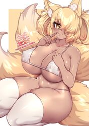 animal_ears big_breasts bikini blonde_fur blonde_hair dark-skinned_female dark_skin fox fox_ears fox_girl fox_tail hair_over_one_eye huge_breasts kneeling looking_at_viewer osiimi tan thick_thighs thighhighs yellow_eyes