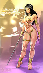 abs age_of_barbarian armor bangle barbarian barefoot barely_clothed big_breasts big_lips black_hair breasts busty cross_necklace english_text female female_focus female_only fingernails fireplace_poker gold hourglass_figure kras krashzone legio long_hair makeup muscle muscles muscular muscular_female navel nudity panties pink_toenails pinup pose posing purple_background red_nails solo standing tagme thick_lips thigh_band thin_eyebrows title toenail_polish unconvincing_armor watermark wide_hips yellow_eyes yellow_sky