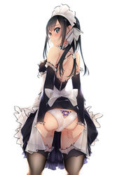 ass black_hair black_legwear blush clothing dress female from_behind garter_straps grey_eyes highres long_hair looking_back maid maid_headdress murakami_suigun original panties smile solo thighhighs underwear white_panties