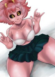 1girls big_breasts black_sclera bra female female_only horns huge_thighs looking_at_viewer lyn_nyl mina_ashido my_hero_academia pink_hair pink_skin short_hair skirt smile solo solo_female solo_focus yellow_eyes