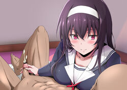 1boy 1girls 2020 abs bangs bar_censor black_hair blush breasts censored closed_mouth clothed_female_nude_male cum ejaculation female hairband handjob kasumigaoka_utaha large_breasts long_hair long_sleeves looking_at_another nude nursing_handjob penis red_eyes saenai_heroine_no_sodatekata sayoi school_uniform sidelocks smile white_hairband