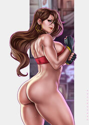 ass blaze_fielding bottomless brown_eyes brown_hair dandon_fuga no_panties pussy_juice sega streets_of_rage streets_of_rage_2 thick_thighs topwear uncensored