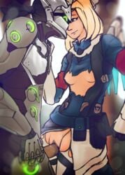 1boy 1girls blonde_hair combat_medic_ziegler cybernetics cyborg dark_penis doctor duo gency genji green_lights hairless_pussy helmet long_hair looking_at_another looking_at_partner mask masked mercy overwatch pussy pussy_juice qwertyas1 ripped_clothing small_breasts straight thick_thighs thighs