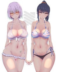 2girls :q adult_swim bare_shoulders bikini black_bikini black_swimsuit breasts clavicle curvaceous female large_breasts logo looking_at_viewer megane midriff multiple_girls navel navel_piercing nikuku_(kazedesune) orange-tinted_eyewear parted_lips piercing pink_bikini pubic_tattoo red_eyes rikkane shinjou_akane simple_background ssss.gridman sunglasses swimsuit takarada_rikka tattoo thick_thighs thighs tied_hair tinted_eyewear tongue tongue_out toonami veiny_breasts white_background wide_hips yellow-tinted_eyewear yuri