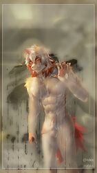 9:16 adios anthro arknights balls erection felid fur genitals hair hi_res horn humanoid_genitalia humanoid_penis hung_(arknights) looking_at_viewer male male_only mammal multicolored_body muscular muscular_male nude orange_body orange_fur orange_hair penis pubes shower solo vein video_games white_body white_fur white_hair