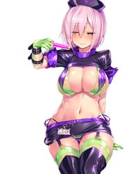 1girls bangs bikini breasts cleavage closed_mouth cosplay elbow_gloves erect_nipples erect_nipples_under_clothes eyebrows eyebrows_visible_through_hair eyelashes eyelashes_visible_through_hair fate/grand_order fate_(series) female florence_nightingale_(fate)_(cosplay) garter_straps gloves green_bikini green_legwear hair hair_between_eyes hat high_resolution id_card large_breasts latex latex_gloves legs_together lingerie lips long_bangs looking_at_viewer mash_kyrielight microskirt multicolored multicolored_bikini multicolored_clothes navel nipples nurse_cap pink_hair purple_eyes revealing_clothes saliva satou_kuuki see-through shiny shiny_clothes shiny_hair shiny_skin short_hair short_sleeves shrug_(clothing) side-tie_bikini simple_background sitting skirt slutty_outfit smile solo sweat sweaty_breasts sweaty_thighs swimsuit syringe thighhighs trick_or_treatment_(cosplay) white_background