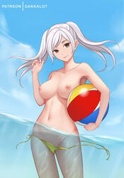 accidental_exposure armpit beach_ball beachball bikini breasts dakkalot deep_armpits fire_emblem fire_emblem_awakening partially_submerged robin_(fire_emblem) robin_(fire_emblem)_(female) sea topless twintails wardrobe_malfunction water white_hair yellow_bikini_bottom