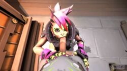 1boy 1girls 3d animated big_penis blowjob cybernetics cyborg fellatio genji gloves hand_on_thigh invisible kneeling looking_at_another looking_at_partner looking_at_viewer los_muertos_sombra oral oral_sex overwatch pink_eyes pink_hair sfmllama short_hair sombra