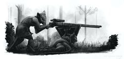 anthro ass balls big_balls clothed clothing duo_focus falseflag gay genitals grass greyscale group gun holding_gun holding_object holding_weapon male mammal monochrome outside ranged_weapon rifle rodent skaven tree warhammer_(franchise) warhammer_fantasy weapon