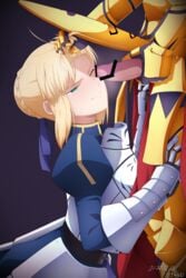 1boy 1girls 2020 ahoge aqua_eyes armor armored_dress artoria_pendragon bar_censor blonde_hair blue_dress blue_ribbon braid braided_bun censored closed_mouth dated dress dubious_consent fate/stay_night fate_(series) faulds female female_focus gauntlets gilgamesh gilgamesh_(fate) hair_ribbon half-closed_eyes highres male one_eye_closed penis pikoguramyu purple_background questionable_consent resisting ribbon saber short_hair