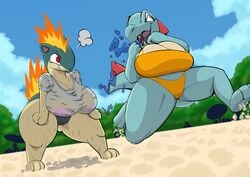 2020 2girls alligator angry anthro anthro_only anthrofied areolae beach big_breasts bikini bottom_heavy breasts cameltoe cleavage closed_eyes clothed female female_only groin hi_res highres huge_breasts nintendo nipples_visible_through_clothing open_mouth orange_bikini outdoors outside plaga pokémon_(species) pokemon pokemon_(species) pokemon_gsc quilava red_eyes running sand shortstack slightly_chubby smile thick_thighs thighs totodile tusks video_games voluptuous wet_clothes wet_shirt wide_hips