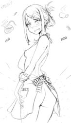 178349 1girls 2d apron ass dagashi_kashi endou_saya_(dagashi_kashi) looking_at_viewer looking_back monochrome naked_apron sketch small_breasts solo