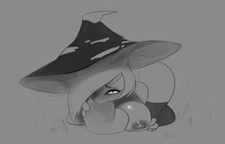 anthro big_breasts breasts citrina_(unyin) monochrome mushroom mushroom_girl mushroom_hat thick_thighs thighs unyin witch witch_hat