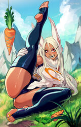 1girls barefoot big_breasts breasts bunny_ears carrot dark-skinned_female dark_skin feet female female_only hero_outfit_(mha) legs_apart long_hair looking_at_viewer miruko muscular_female my_hero_academia outdoors outside painted_toenails rabbit_ears red_eyes reiq rumi_usagiyama smile soles solo stirrup_legwear thick_thighs toeless_legwear toes torn_clothes white_hair yellow_toenails