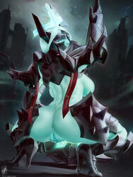 2019 anus armor ass breasts female genderswap genderswap_(mtf) league_of_legends looking_at_viewer looking_back mordekaiser pussy riot_games rule_63 solo source_request themaestronoob