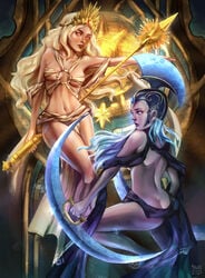 absurd_res bare_back bare_hips bare_legs bare_midriff bare_thighs barely_clothed blonde_hair blue_hair crown dual_wielding flowing_hair helmet holding_weapon long_hair looking_at_another lunaris_(path_of_exile) makaka0612 medium_breasts one_leg_up orange_eyes ornament ornaments pale path_of_exile short_skirt sideboob sitting skirt solaris_(path_of_exile) spear star sun tagme toned toned_female useless_clothing very_long_hair wardrobe_malfunction wraps