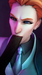 1boy 1girls 3d akatomasu big_penis cfnm clothed clothing dark-skinned_male dark_skin female ginger heterochromia interracial labcoat moira oral overwatch red_hair scientist_moira source_filmmaker